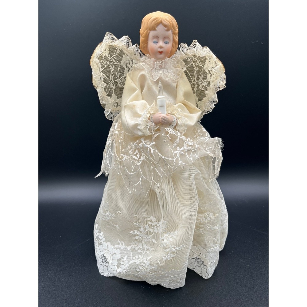 Vtg‎ Porcelain Angel Christmas Tree Topper Lace Dress Lights Up - Works!
